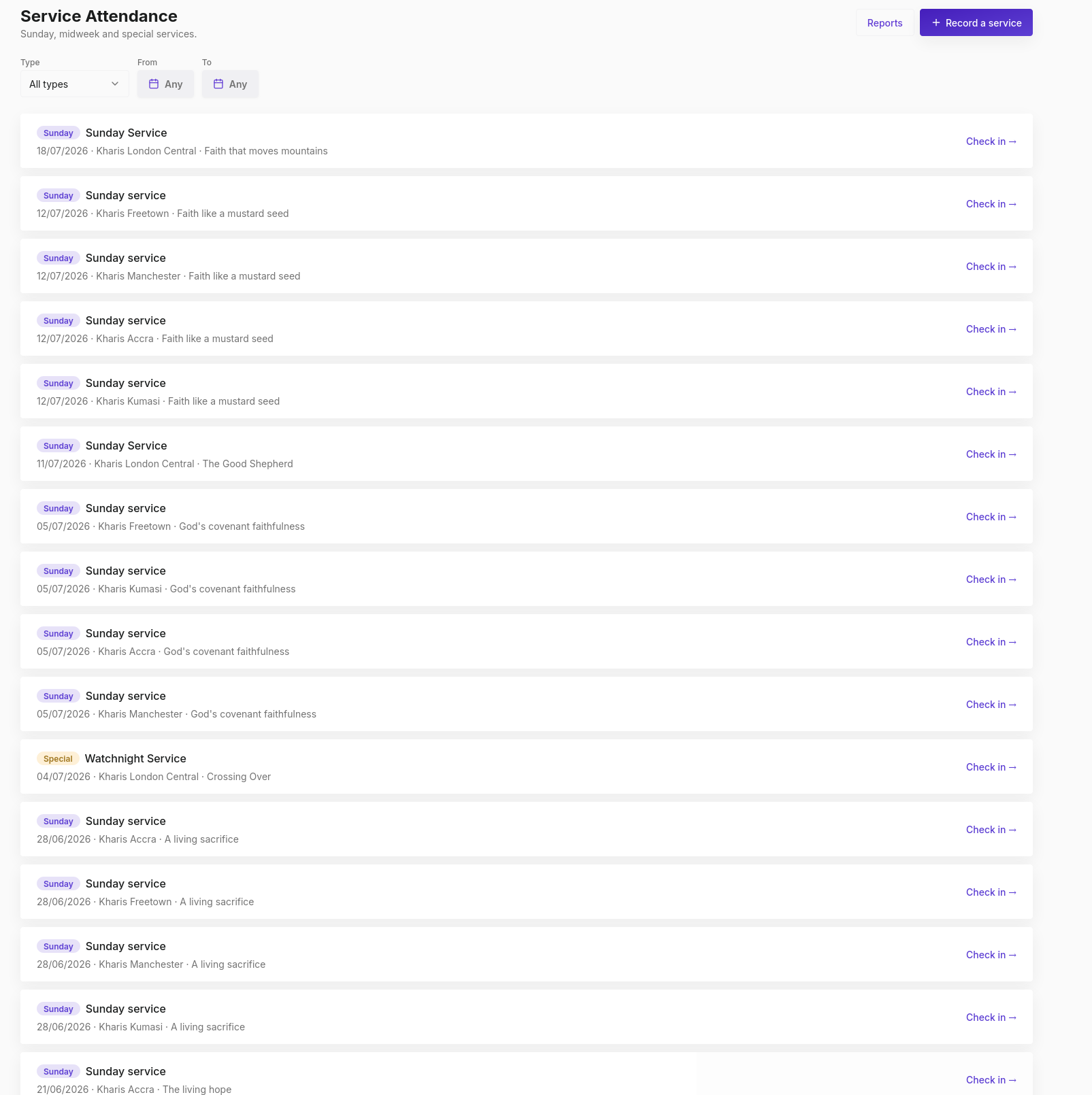 Service Attendance page showing a list of Sunday services across branches with Check In links