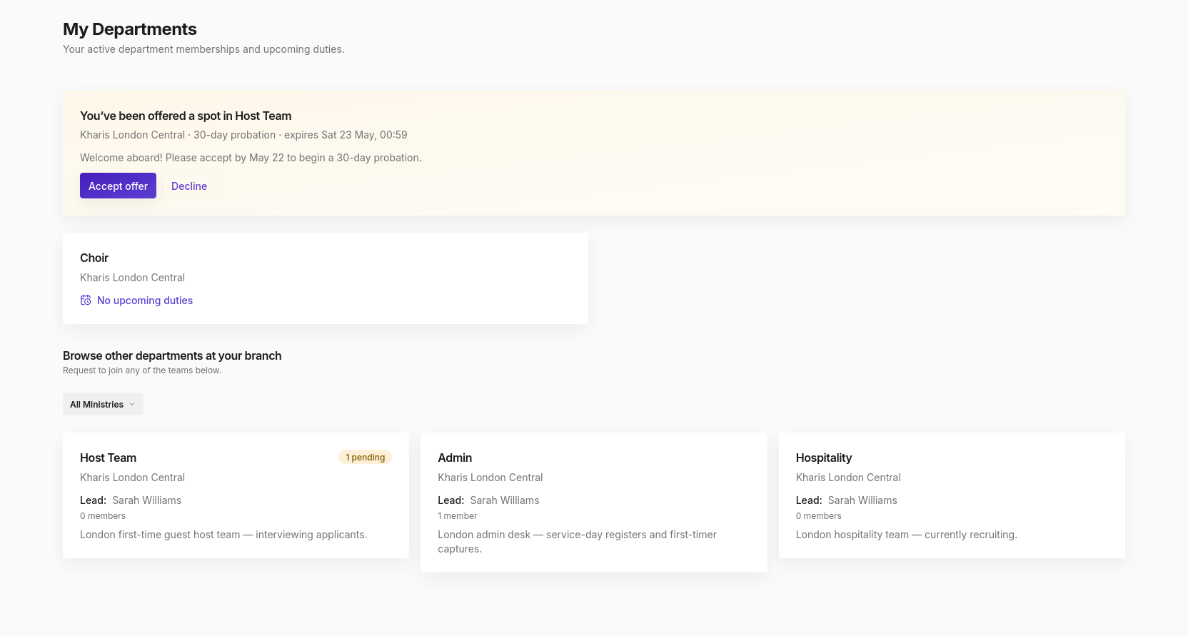 Departments page showing ministry team cards with lead member, member count, and pending badges