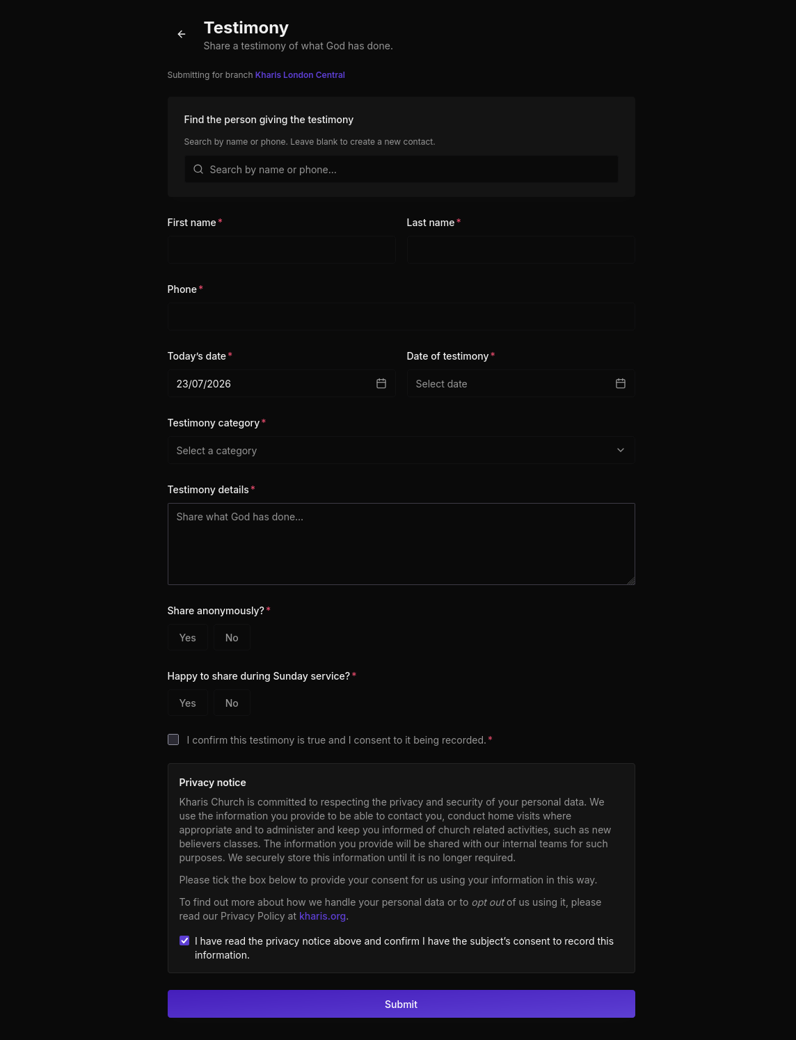 Form Submissions page in dark mode with filters and Export CSV button