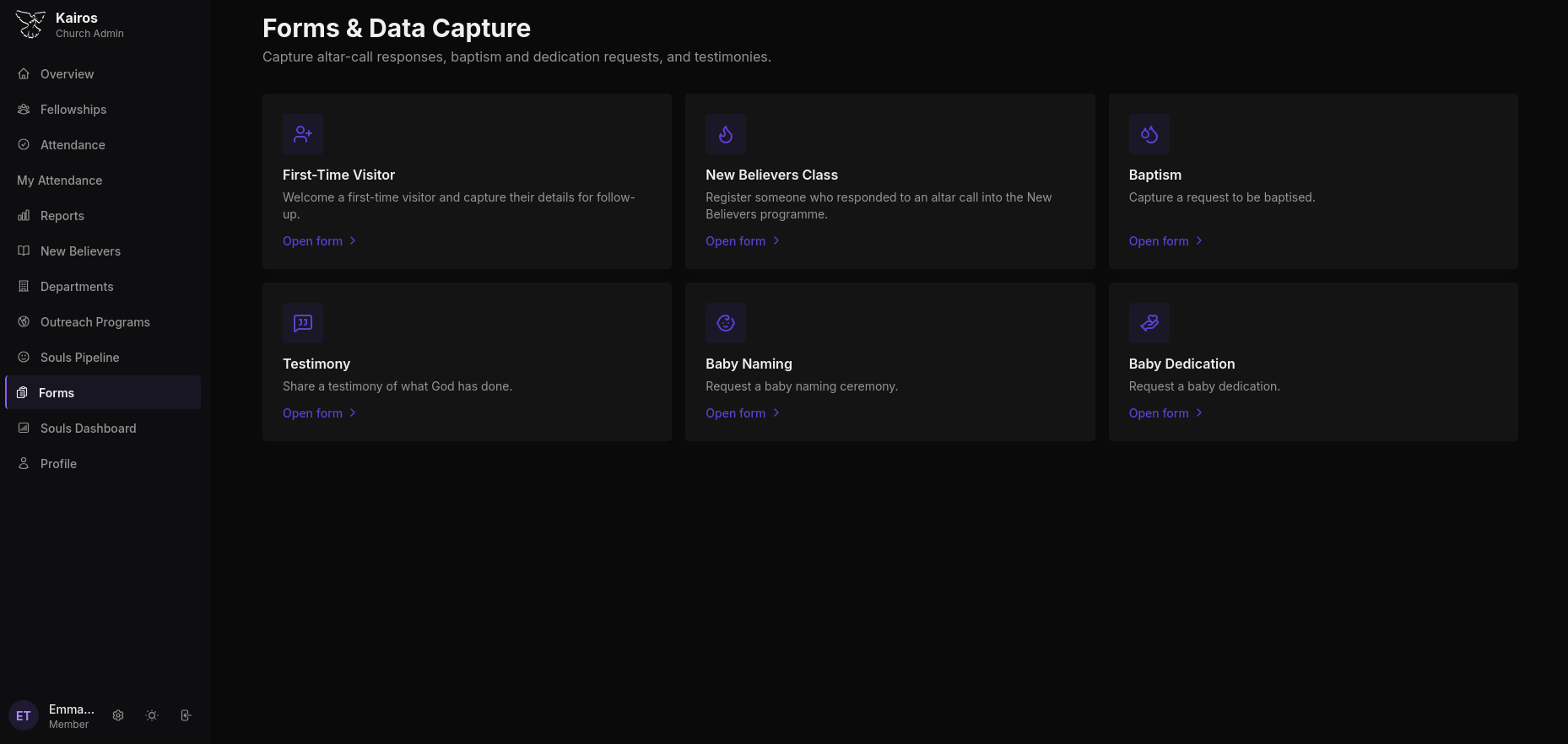 Forms and Data Capture page in dark mode showing six form type cards