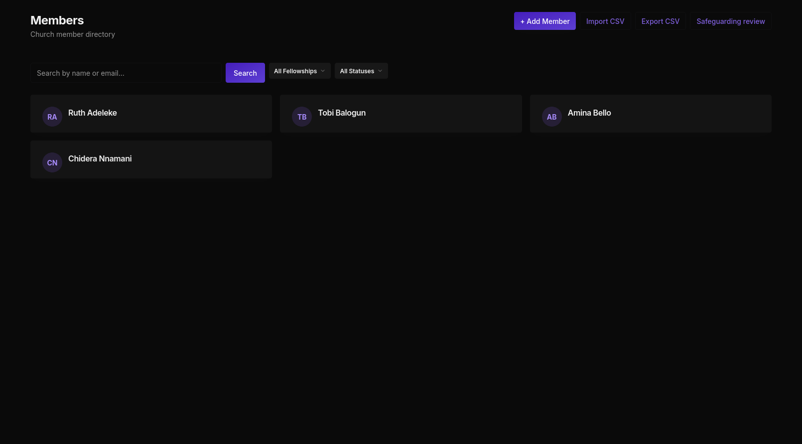 Members page in dark mode showing member cards with approval status, contact info, and Deactivate buttons