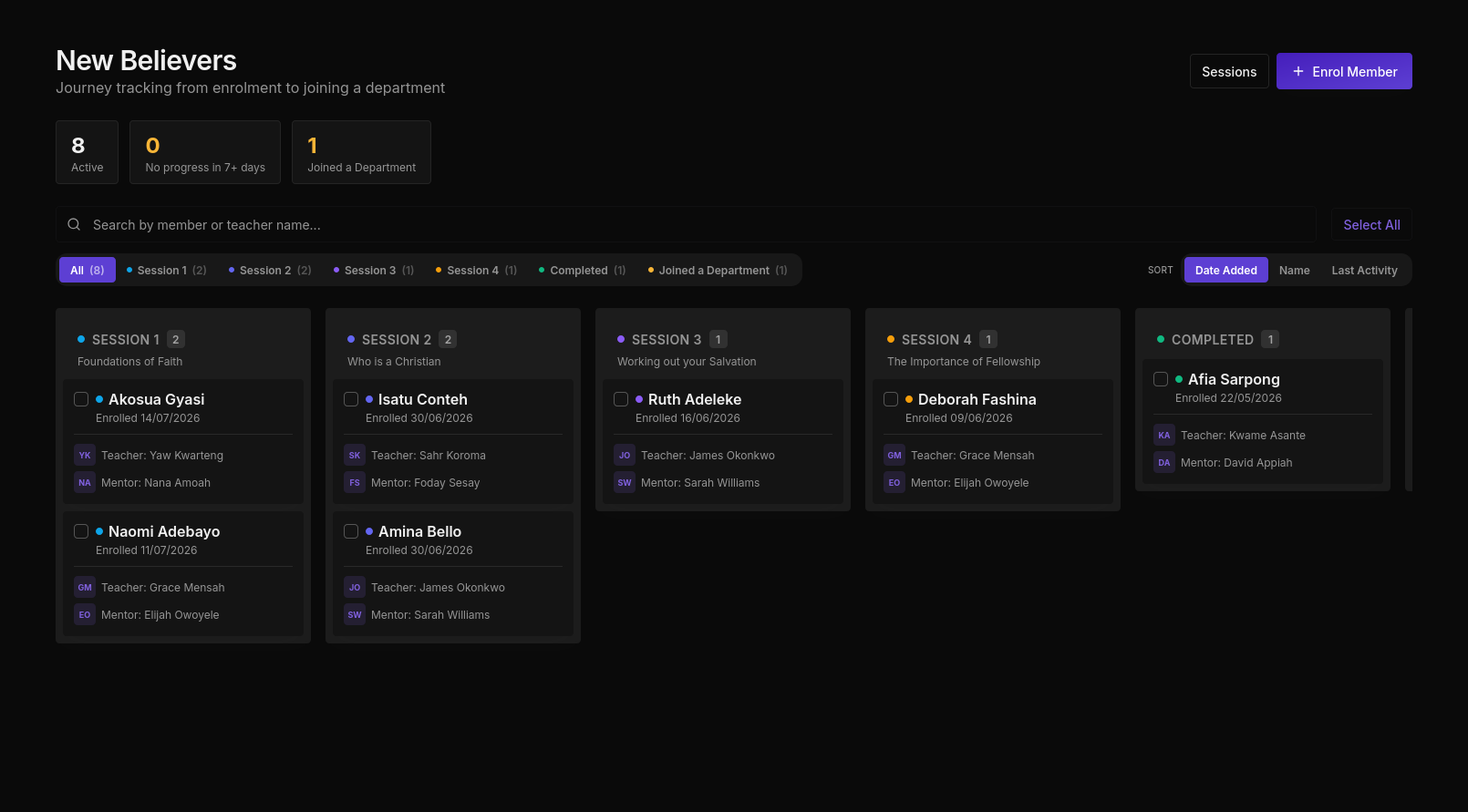 New Believers page in dark mode showing Kanban board with session stages