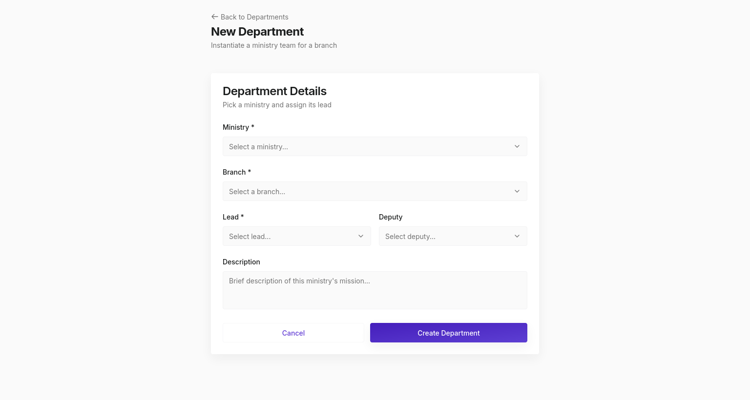 New Department creation form