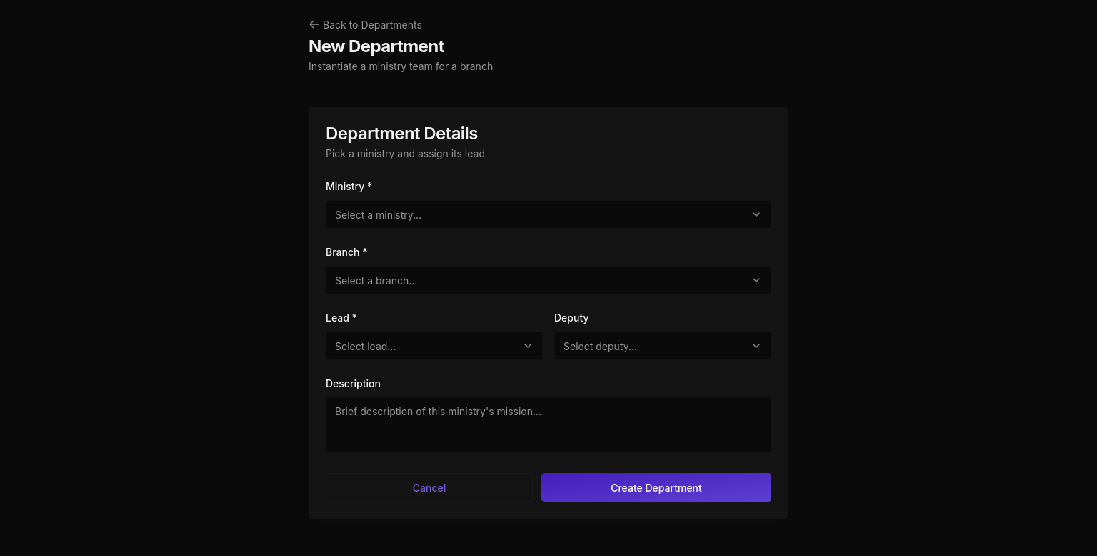 New Department creation form in dark mode