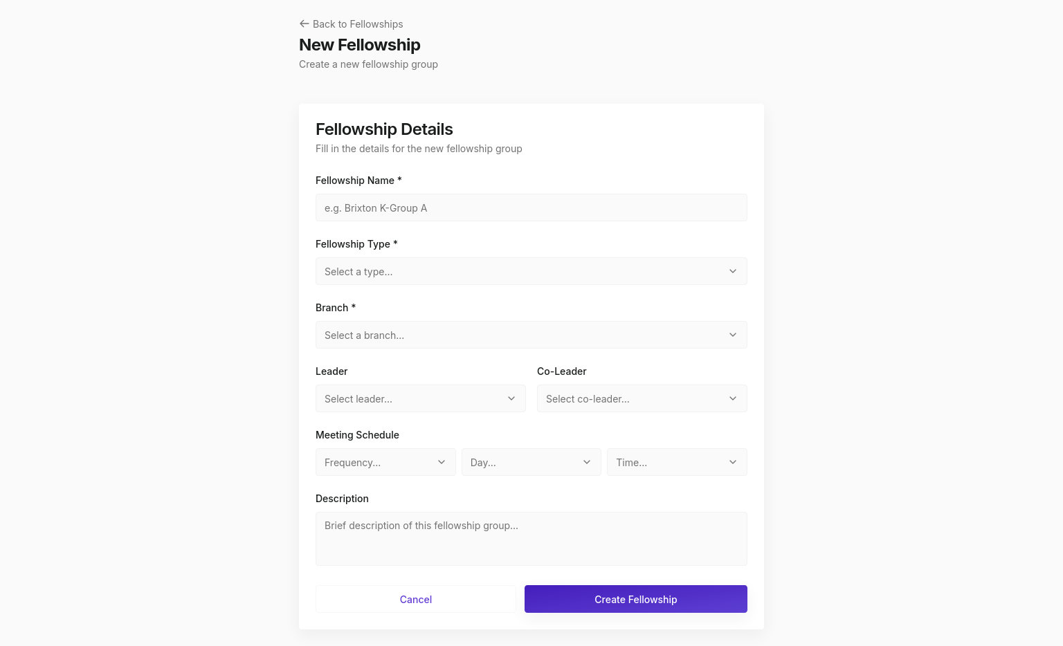 New Fellowship setup form