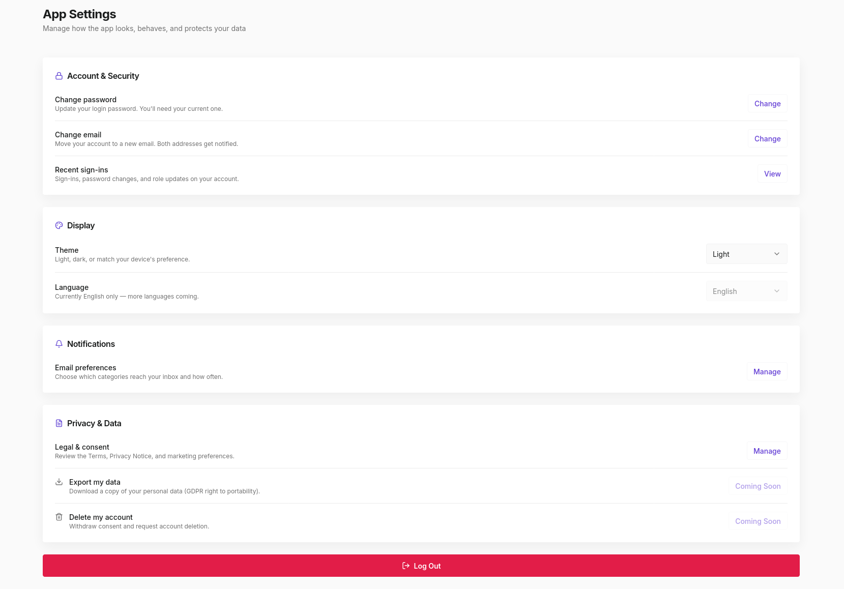 App Settings page showing Account and Security, Display, Notifications, and Privacy sections